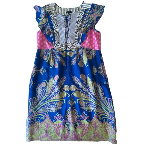 J.CREW Collection Dress Silk Floral Mixed Pattern Blue Pink Lace Up Size 6 - Picture 3 of 13